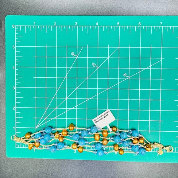 Multi Strand Bracelet Brown Fresh-Water Pearls & Turquoise Sterling Silver Clasp - Picture 8 of 8